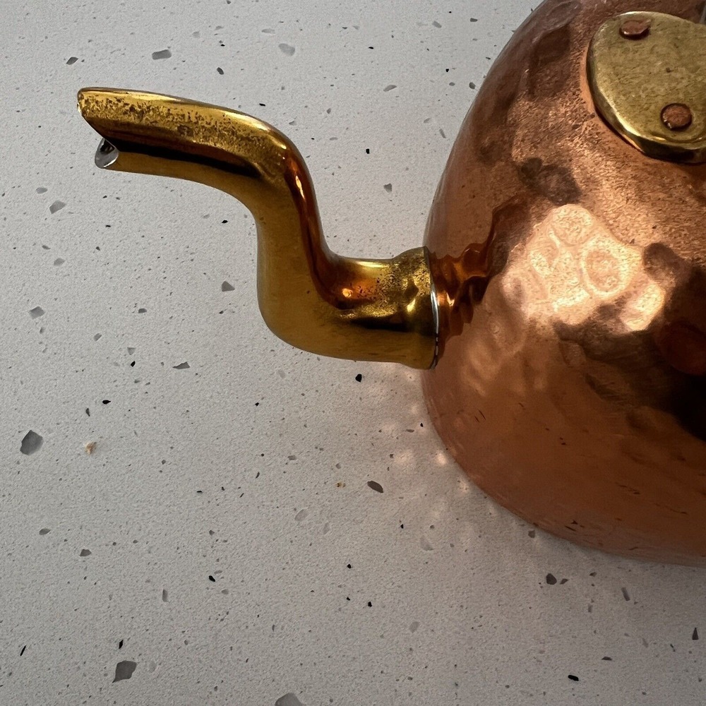 Antique hand-Hammered Copper Tea Kettle pot coffee brass details Gooseneck CLEAN - Picture 10 of 12